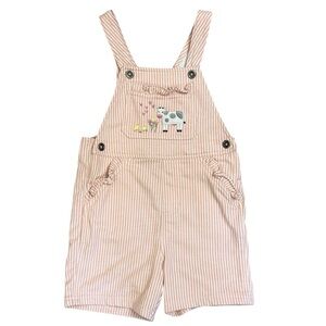 John Deere Pink Striped Overall Shorts Embroidered Cow Chicks Ruffle Pockets 4T